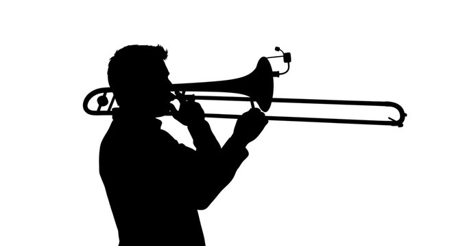 Silhouette of a man playing the trombone against a white background.