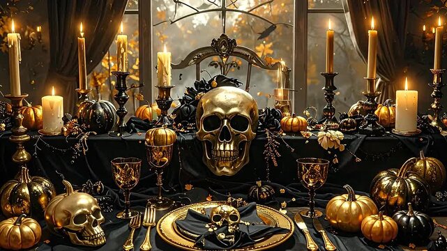 Elegant Halloween dinner table setting with golden skulls and pumpkins creates a spooky and festive atmosphere.