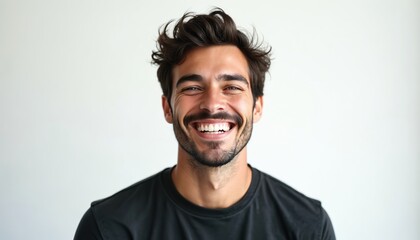 Obraz premium Young man laughs heartily with wide white smile. He has dark wavy hair and stubble. Isolated on plain light backdrop, he wears simple black shirt. His joy is genuine and infectious.
