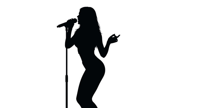 Silhouette of a female singer performing on stage with a microphone.