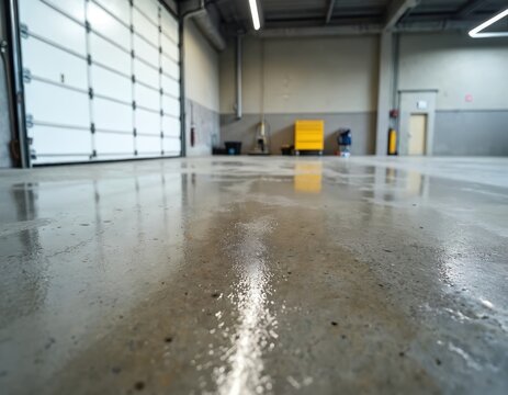 Wet concrete floor surface in an industrial garage. Reflective wet sealant on gray ground. Large garage door open in background with equipment. Clean workshop space.