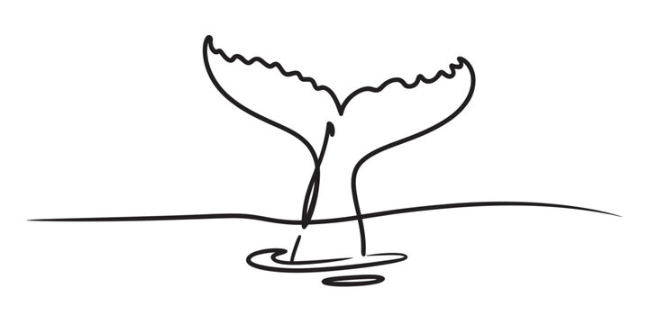 Simple black and white line drawing of a whale tail fluke emerging from the water surface. Vector, illustration