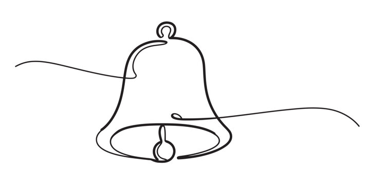 A minimalist single line drawing of a classic bell silhouette on a white background. Vector, illustration