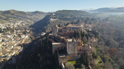 Obraz premium Aerial Drone View of Alhambra Palace Complex on Hill, Granada, Spain
