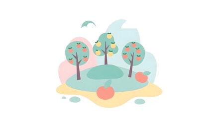 Fototapeta premium Minimal Pastel Whimsical Tropical Island with Stylized Fruit Trees