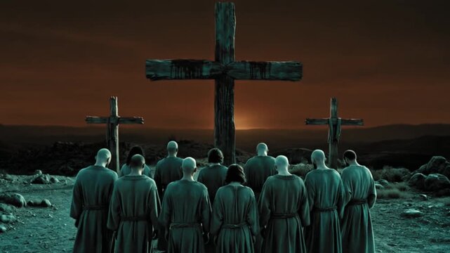 A group of sad people mourning after the crucifixion . Generative AI