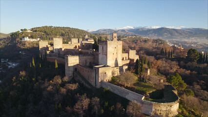Obraz premium Aerial Drone View of Nasrid Palace on Sabika Hill, Alhambra, Granada, Spain