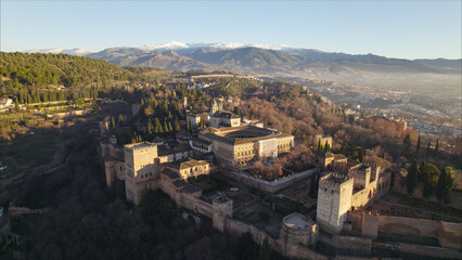 Obraz premium Aerial Drone View of The Alhambra Palace with Mountains, Granada, Spain