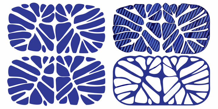 Four abstract square designs with blue patterns on white backgrounds