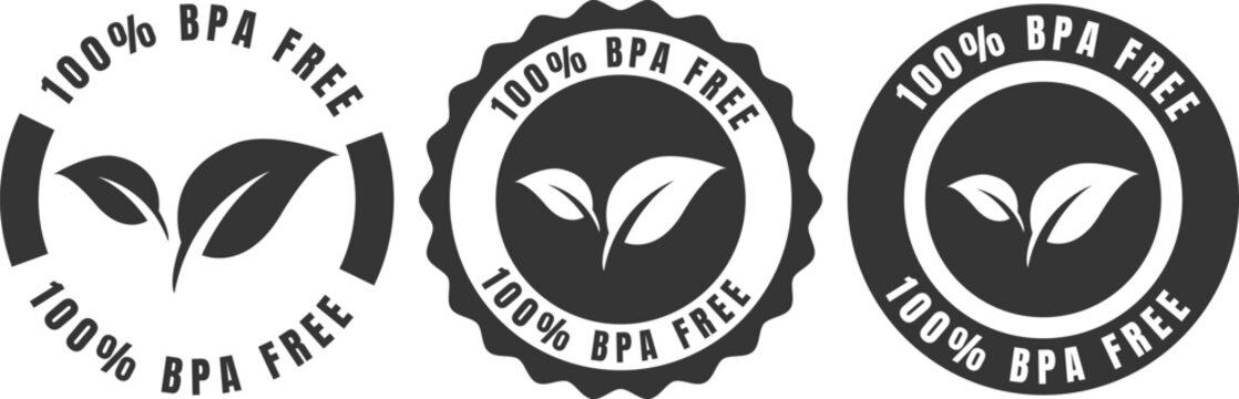 Set of black and white eco badges showing percent BPA free design with leaf icons