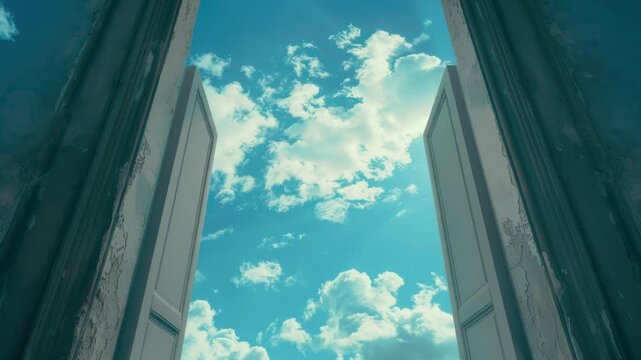 The captures the moment of transition and new beginnings with an architectural door framing a bright blue sky filled with fluffy white clouds.