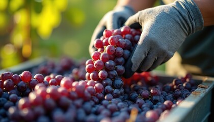 Fototapeta premium Gloved hands harvest red grapes into a crate. Fresh fruit bunch collected from vineyard. Grapes for wine production. Ripe berries gathered in autumn. Harvest season begins.