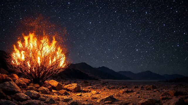 Ignited burning bush at night desert landscape under starry sky symbol of divine presence. Burning bush glowing under night sky biblical story Moses religion spiritual faith footage