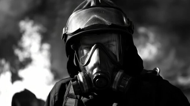 A firefighter wearing full protective gear including a helmet and hazmat suit.