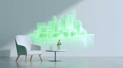 Naklejka premium Futuristic green hologram cityscape in modern minimalist room with chair and plant