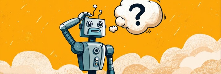 Confused robot in thoughtful pose with question mark in cloud
