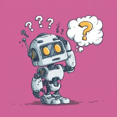 Naklejka premium Confused cartoon robot with question marks on pink background