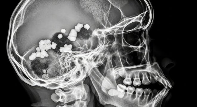 X-ray of Human Skull with Foreign Objects.