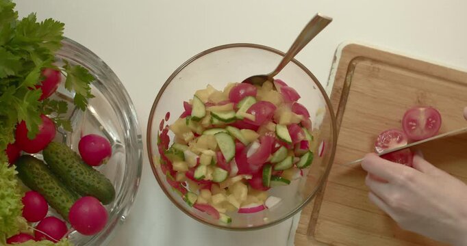 reparing Fresh Vegetable mixing Salad from Above in Home Kitchen 4