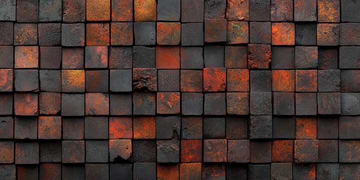 Burnt Bricks Mosaic with Industrial Interior Wall Texture, Fire Damaged Facade Cubes Pattern Design