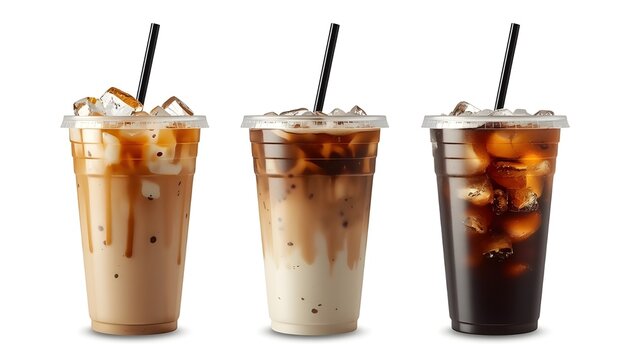 Three iced coffee drinks with straws in clear plastic cups on a white background