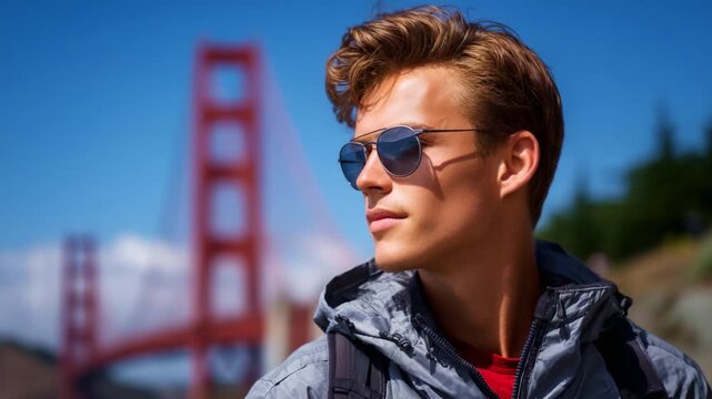 Young man in sunglasses against a vibrant background, showcasing confidence and style in a scenic urban landscape, perfect for travel enthusiasts and photography lovers.