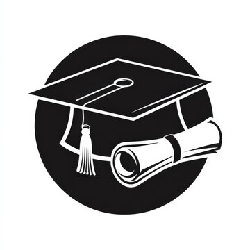 Graduation cap and diploma icon in black circle