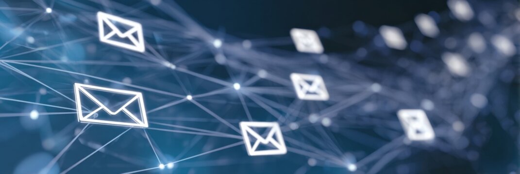 Digital communication network with email icons and connected lines
