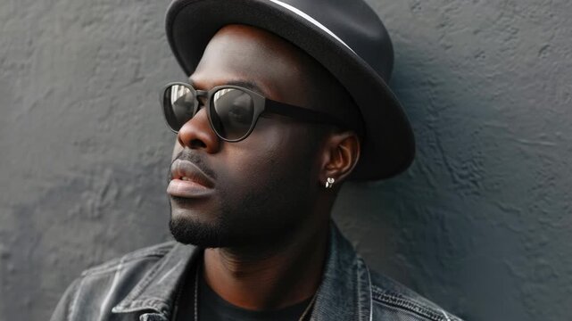 Man with beard wearing hat and sunglasses against textured backdrop.