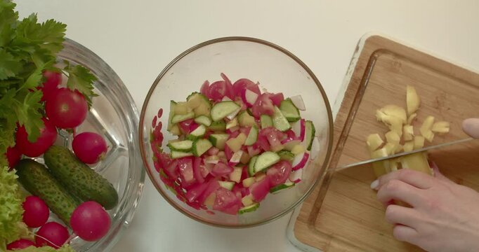 reparing Fresh Vegetable mixing Salad from Above in Home Kitchen  2