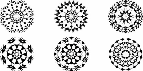 Six black and white circular and ovoid geometric designs on a white background
