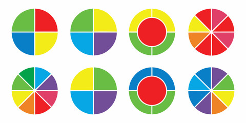 Fototapeta premium Colorful circles divided into pie charts with varying color combinations