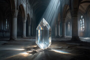 Large clear crystal prism in an old abandoned church hall with light rays shining through giving a mystical and spiritual atmosphere.
