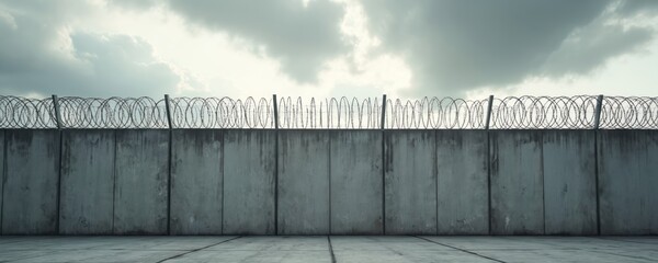 Concrete wall with razor wire fence on top under cloudy sky. Barrier restricts access, implies security and confinement. Empty pavement stretches out below.