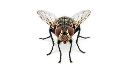 Obraz premium Close-up of a housefly with wings spread on white background.
