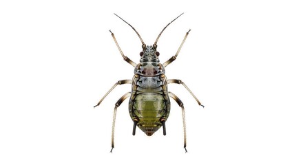 Detailed top view of a green insect with antennae on a white background.