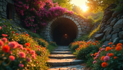 Fototapeta premium Stone tunnel entrance with blooming flowers, steps lead into dark passage. Sunlight beams through green trees, creating path, nature mystery.
