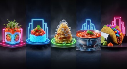 Neon lit food dishes with cityscape background
