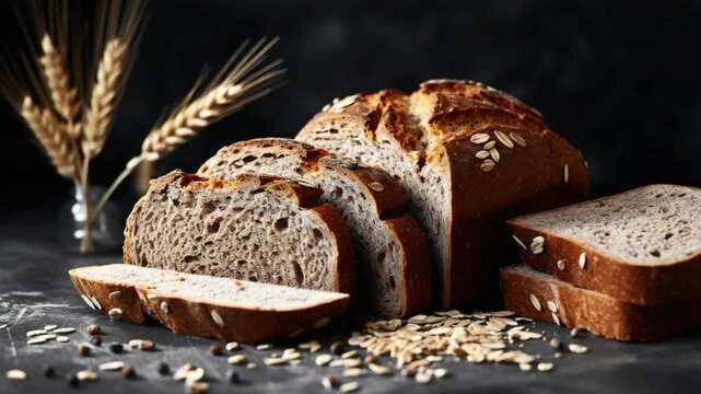 A rustic loaf of bread sliced on a table with scattered grains and seeds.
