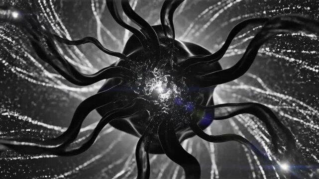 Abstract dark fluid animation with vibrant energy emanating from a central structure and luminous particles