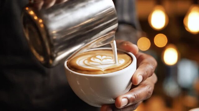Barista pouring latte art into coffee cup at cafe