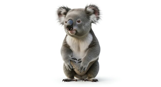 Adorable koala sitting upright on white background.