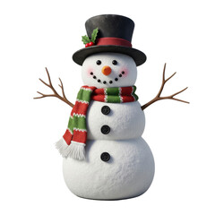 Charming Snowman with Top Hat and Striped Scarf on White Background.