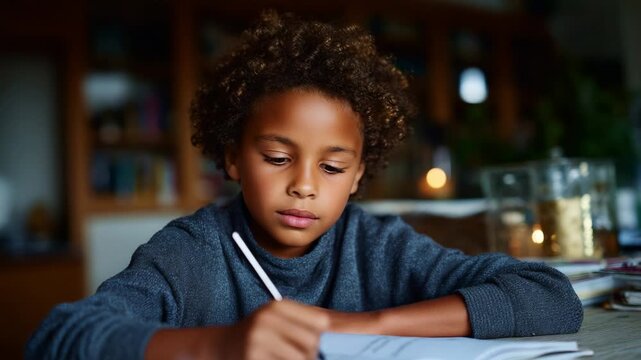 A young child with curly hair intently focused on writing in a notebook at a cozy indoor setting, showcasing concentration and creativity in daily learning activities.