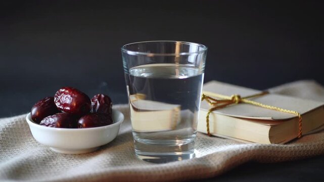Bowl of dates, glass of water, and a book tied with string on a textured cloth fruit white