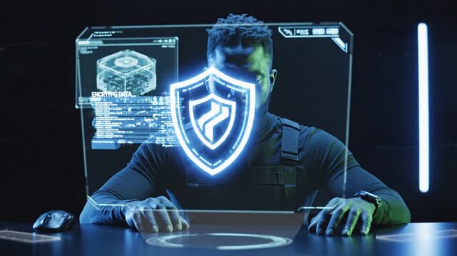 Black man interacting with holographic interface in high-tech environment