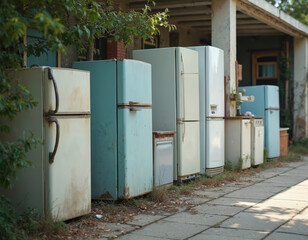 Old refrigerators and freezers lined up outside a building. Appliances appear broken and discarded. Disused household items await disposal or repair.