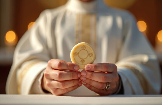 Priest holds holy wafer for communion. Clergy offers sacred host during mass service. Catholic ritual celebrates Eucharist with bread and faith.