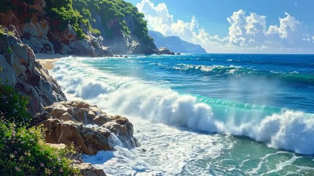 Seascape with crashing waves against y cliffs, creating a dynamic and vibrant coastal scene.