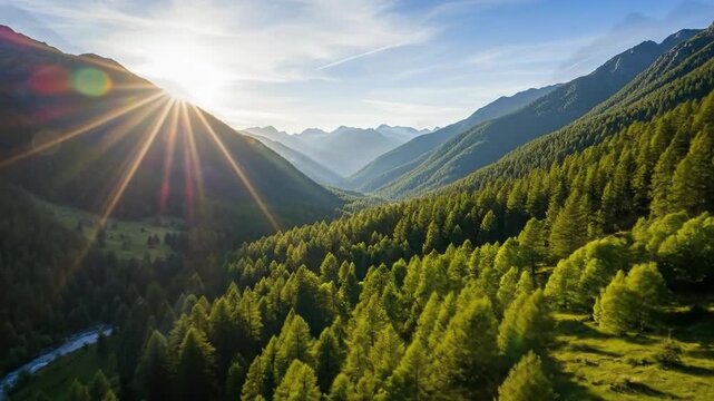 Sunlight streams through the mountain valley, illuminating the lush green forest and flowing river below during daytime.